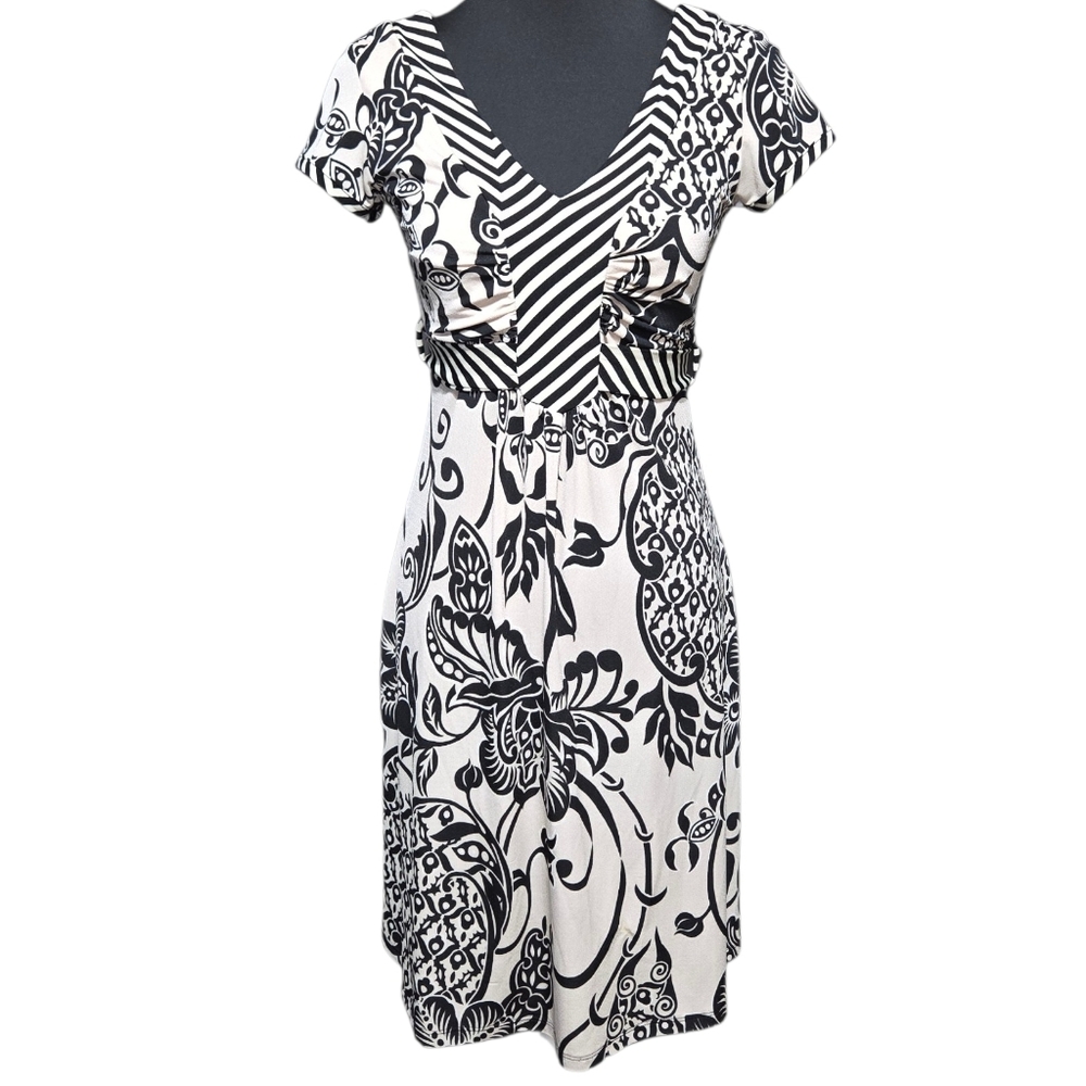 Charlotte Russe Black and Cream Floral and Striped Midi Dress Size M